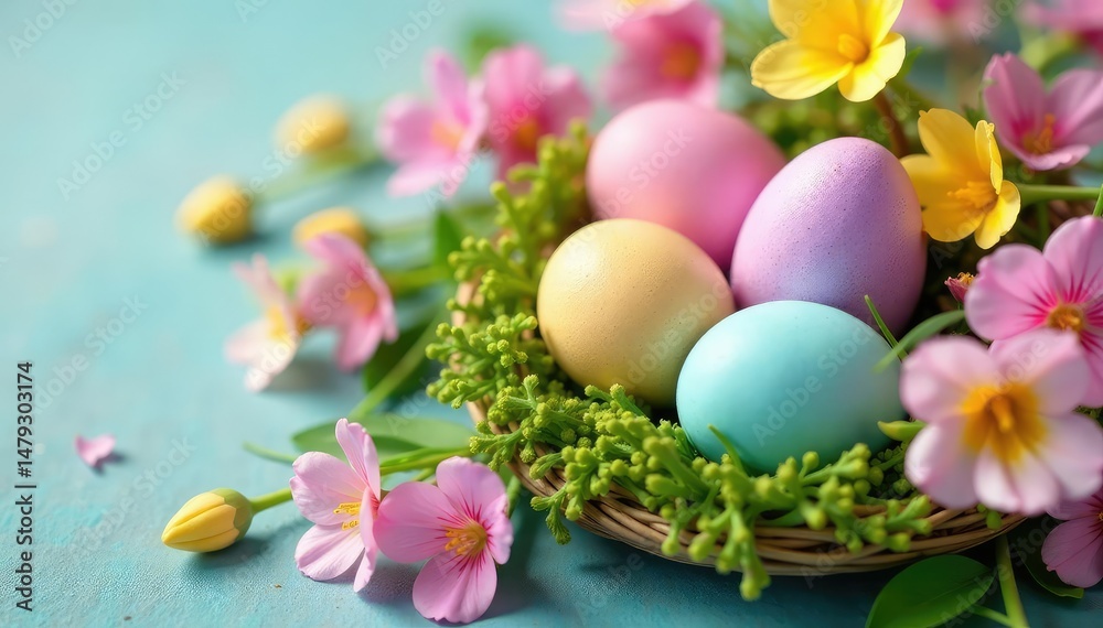 Vibrant pastel eggs nestled in a spring flower arrangement , spring, colorful decor, painted eggs Vibrant pastel eggs nestled in a spring flower arrangement , spring, colorful decor, painted eggs