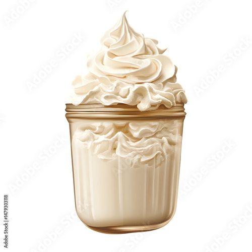creamy vanilla soft serve ice cream in a clear glass jar isolated on transparent background.