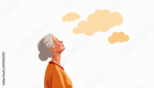 Elderly woman gazing at clouds, serene contemplation