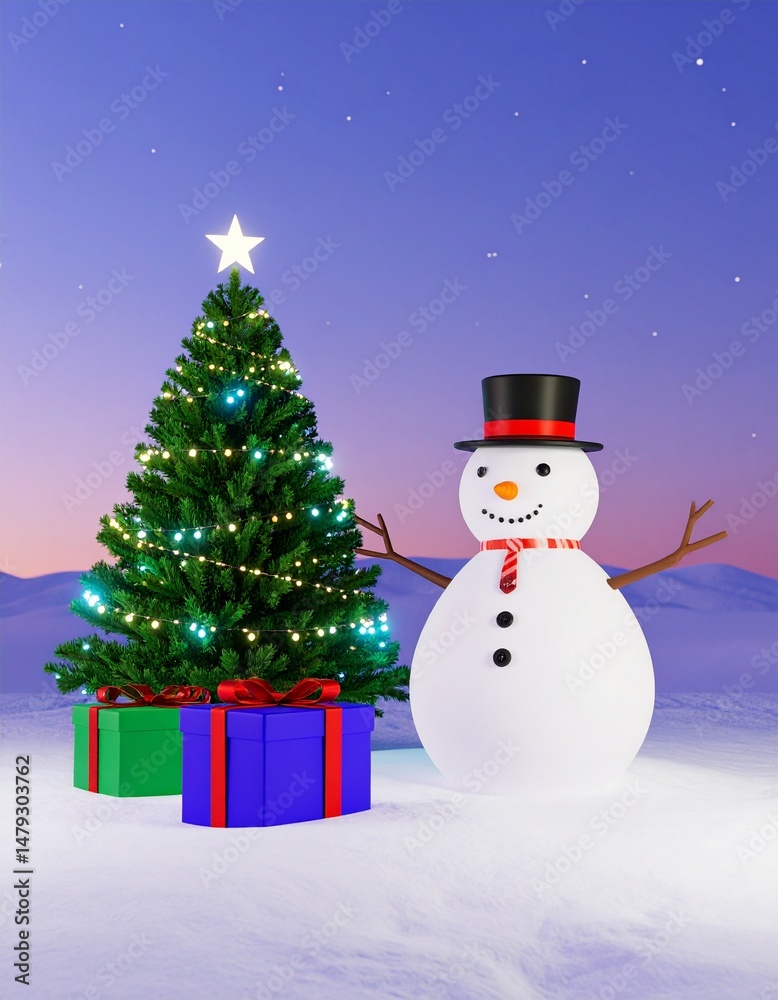 Fototapeta premium snowman and christmas tree Cartoon 