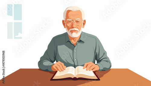 Elderly man reading open Bible at wooden table, wisdom and reflection