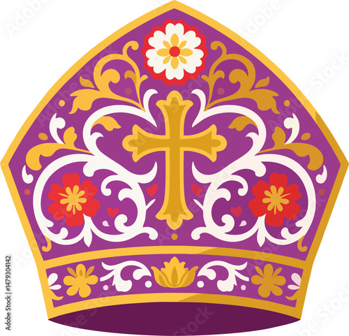 Vector Illustration of Ornate Purple Papal Mitre with Golden Cross and Floral Design – Decorative Catholic Bishop Hat Isolated on White Background
