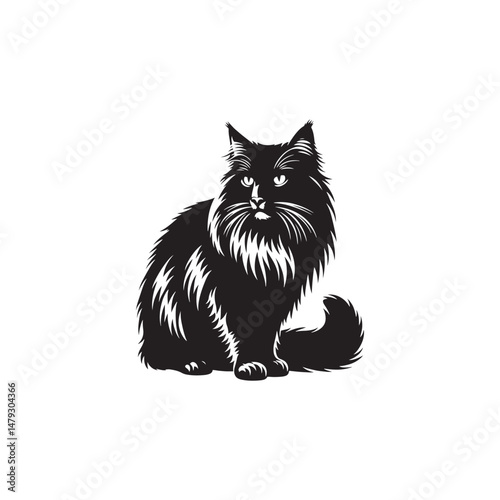Norwegian Forest Cat Vector Silhouette: Majestic, Long-Haired Feline with Thick Coat and Bushy Tail, Captured in a Sleek, Minimalist Outline for Artistic, Modern Designs.
