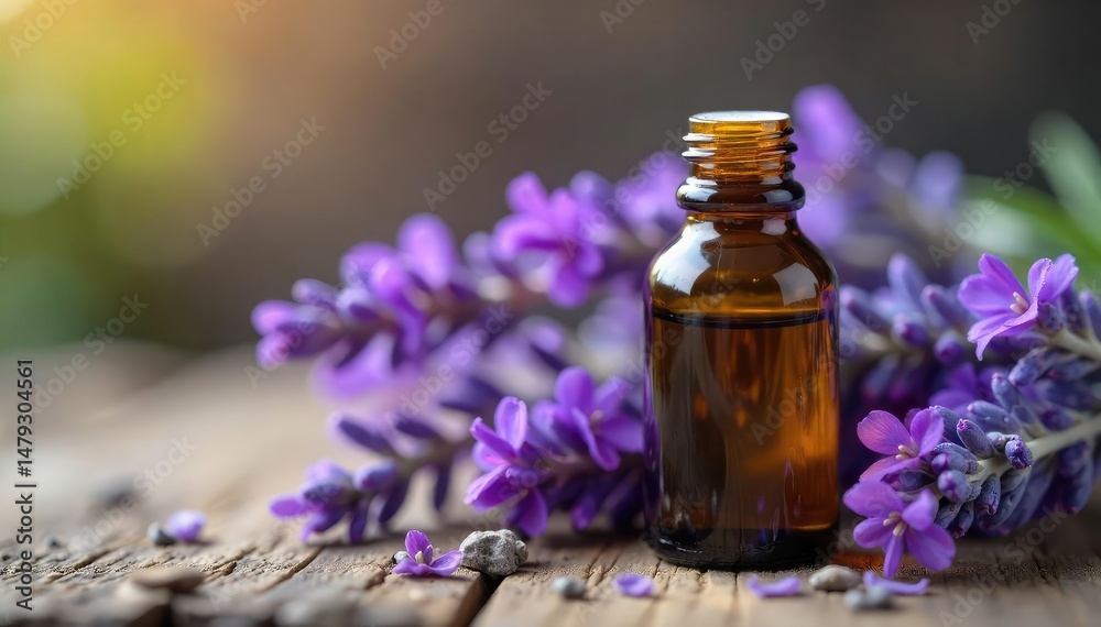A bottle of pure lavender essential oil with fresh lavender sprigs , violet, alternative, scent A bottle of pure lavender essential oil with fresh lavender sprigs , violet, alternative, scent