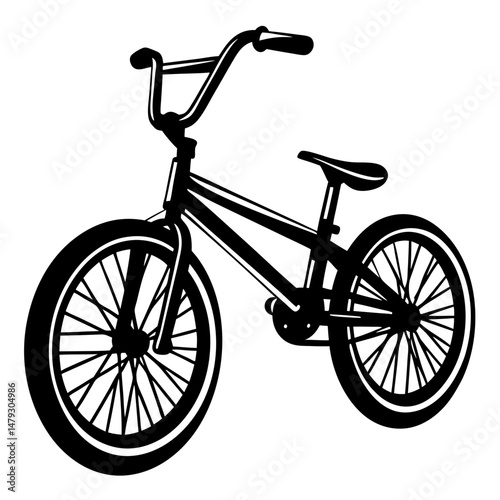 Detailed monochrome illustration of a BMX style bicycle on a white background
