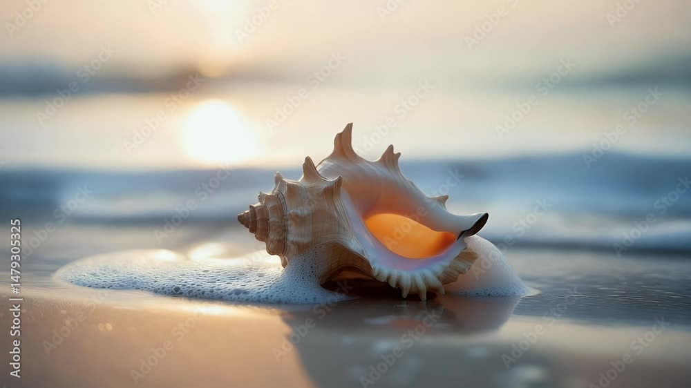 A close-up of a conch shell resting on a sandy beach as gentle waves roll in during a serene sunset