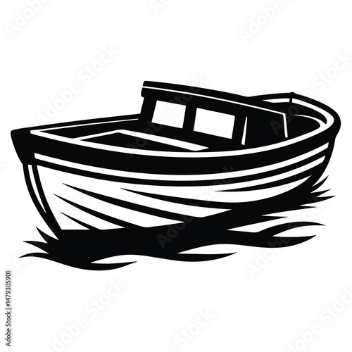 Monochrome boat illustration depicting a simple watercraft on a stylized water surface