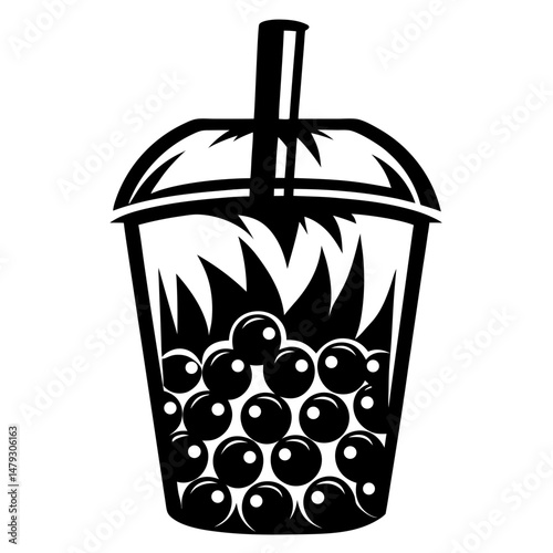 A striking black and white illustration of a refreshing bubble tea drink