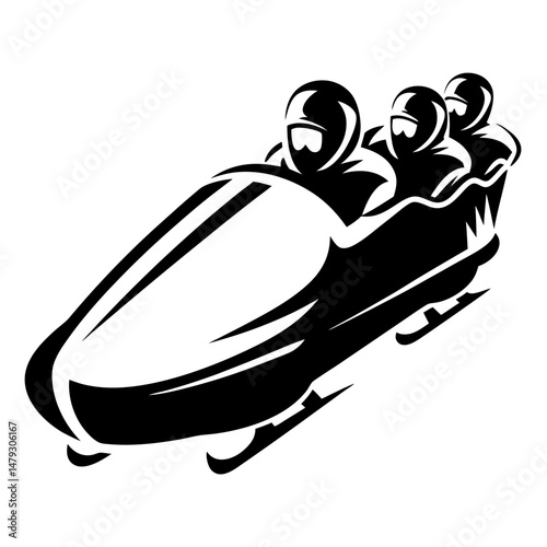 Black and white vector graphic depicting a bobsled team racing downhill