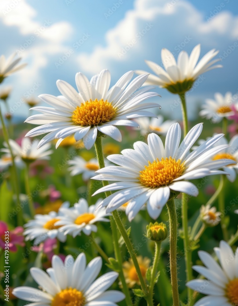 Obraz premium photorealistic close up of daisies with dewdrops, bright sunny background with soft clouds