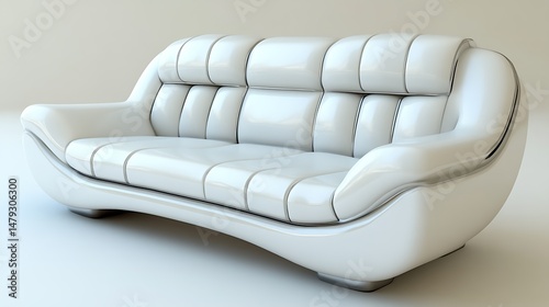 Modern white couch with sculpted, padded design.