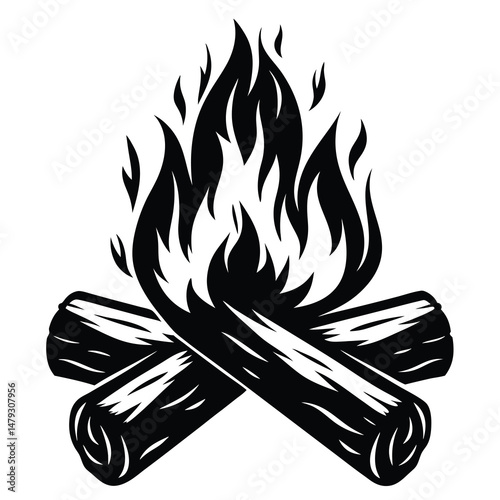 Monochrome Illustration of Campfire with Burning Logs and Flames in Silhouette Style