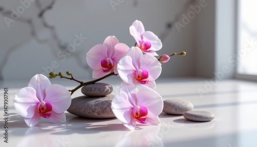 digital 3d render with semi transparent orchids and smooth stones under soft lighting