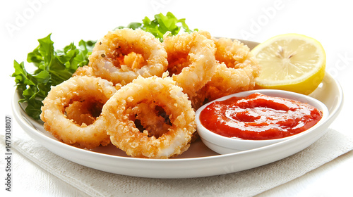 A plate of fried food with a dipping sauce and a lemon wedge