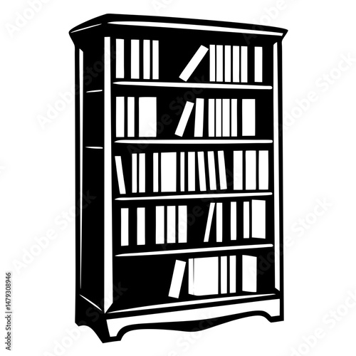 Black and White Vector Illustration of a Bookshelf Filled with Books