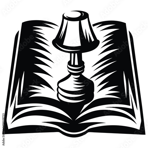 Monochrome Illustration of a Table Lamp Resting on an Open Book of Knowledge