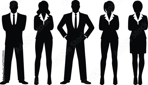 Professional Business Team Silhouette, diverse business team black and white illustration