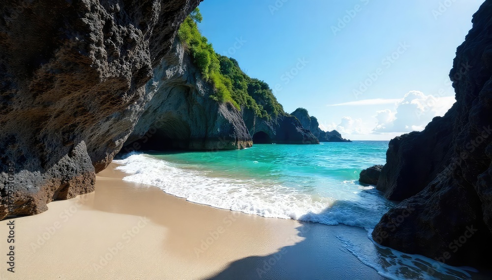 Dark volcanic rocks frame a secluded cove beach, mystery, secluded, cliff Dark volcanic rocks frame a secluded cove beach, mystery, secluded, cliff