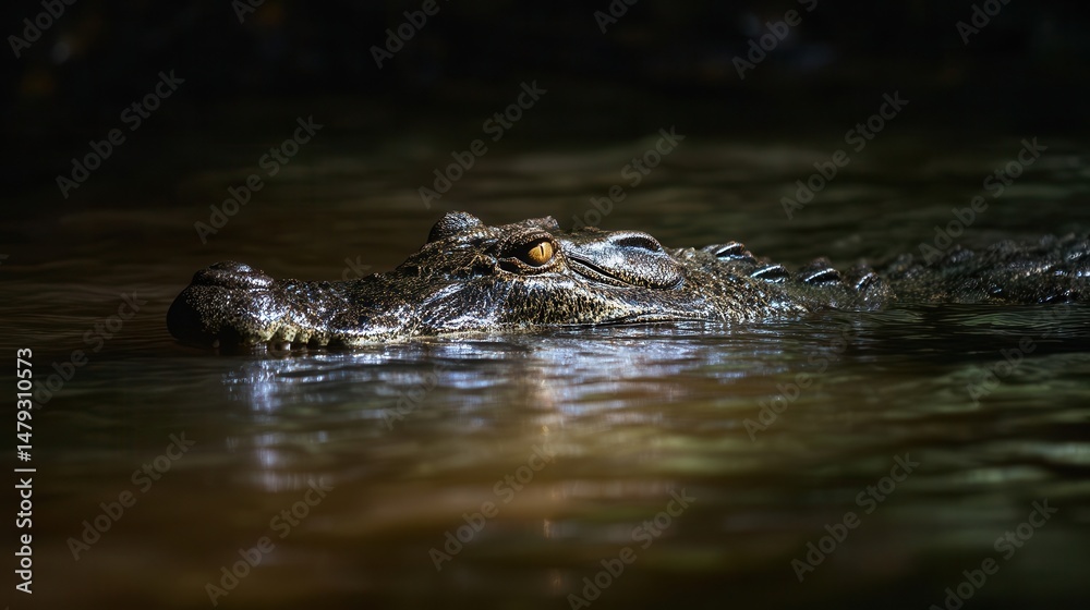 Close-up of a dark-colored crocodile in murky water. Close-up of a dark-colored crocodile in murky water.