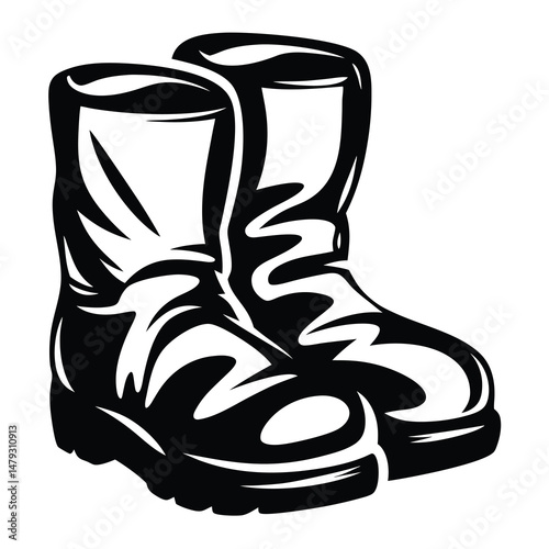 Stylized illustration of a pair of sturdy work boots in black and white