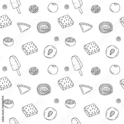 Indian desserts seamless pattern, hand drawn, vector illustration
