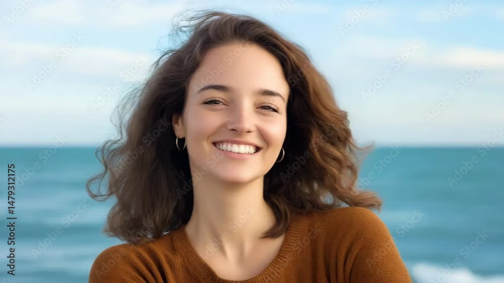 A woman with curly hair is smiling at the camera while wearing a brown sweater. The image has a warm and friendly mood, with the woman's smile conveying a sense of happiness and contentment A woman with curly hair is smiling at the camera while wearing a brown sweater. The image has a warm and friendly mood, with the woman's smile conveying a sense of happiness and contentment