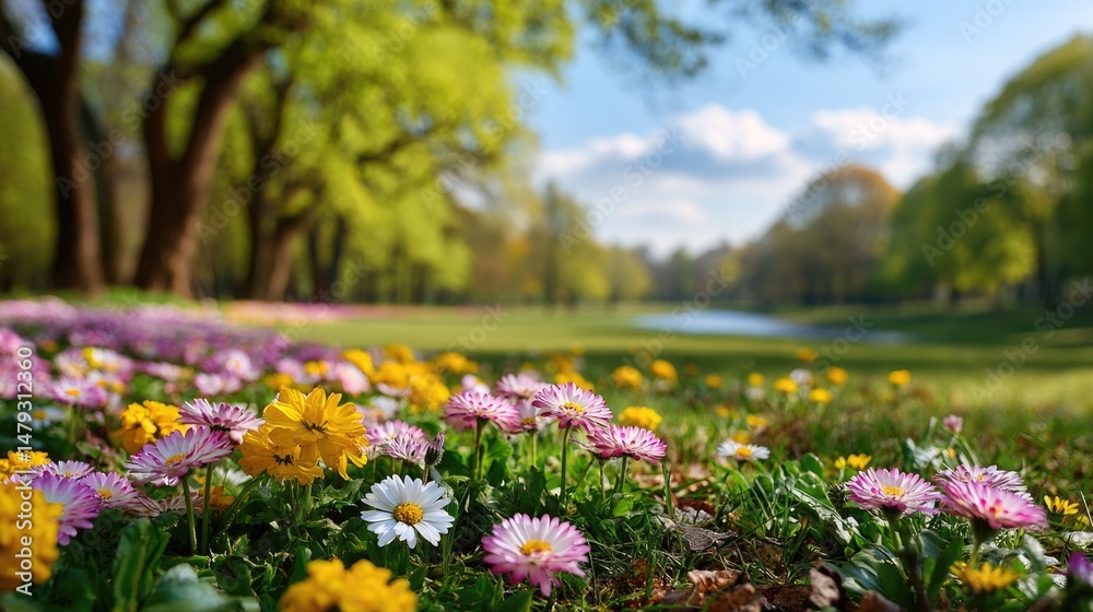 Obraz premium blurred spring nature background featuring a colorful blooming glade