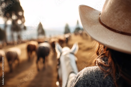 Cowgirl riding horse, herding cattle on a farm at sunset, enjoying rural lifestyle