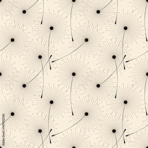 Flying dandelion seeds. Pattern with Fluffy dandelion. Dark fluffy silhouette on creme background. Vector illustration