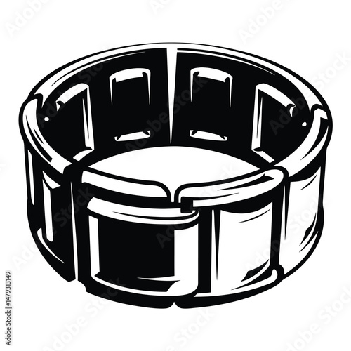 Detailed black and white illustration of a complex circular mechanism device
