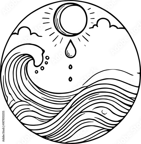 Circular Illustration of a Wave Under the Sun with Falling Drops. Black and white line art depicting a stylized ocean scene with a large wave, sun rays, clouds, and water droplets.
