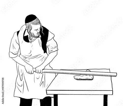 Black and white illustration of an Orthodox Jewish man rolling dough on a table, preparing for Passover. Traditional matzah-making scene symbolizing ritual, heritage, and spiritual dedication. photo