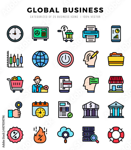 Set of simple Lineal Color Global Business Icons. Lineal Color art icons pack.