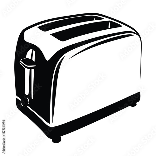 Black and white minimalist vector illustration of a modern electric toaster appliance