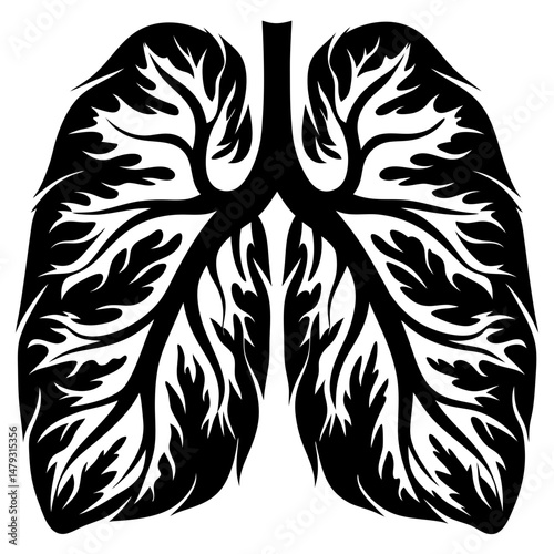 Stylized black and white lung illustration with a complex branching pattern