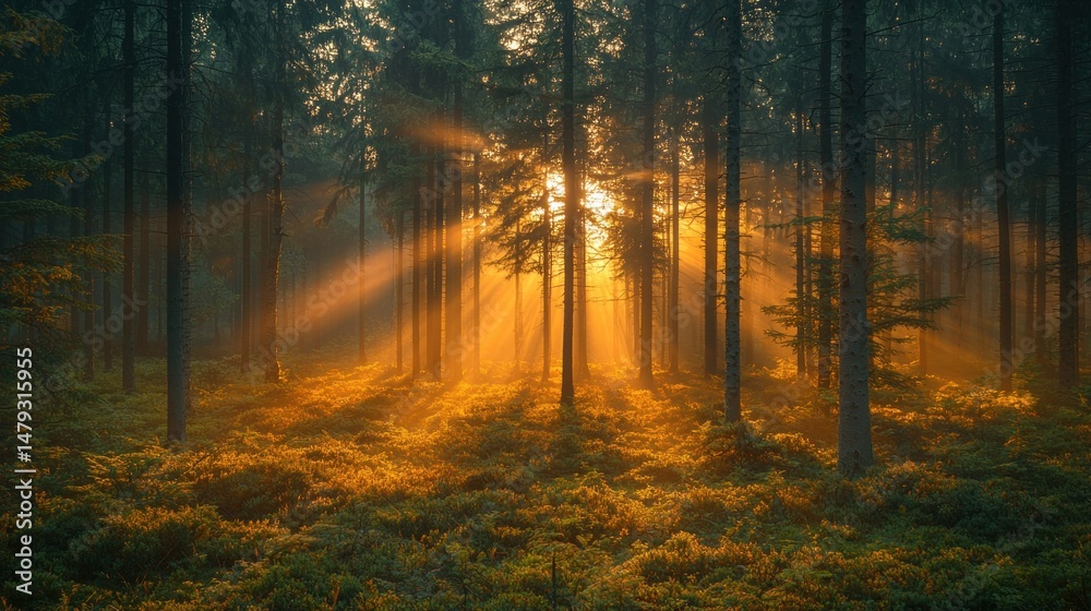 Obraz premium Golden sunlight streams through misty forest