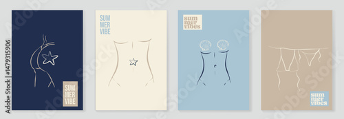 vector illustration of a set of banners hand drawn elements woman body, seaskell, bikini
