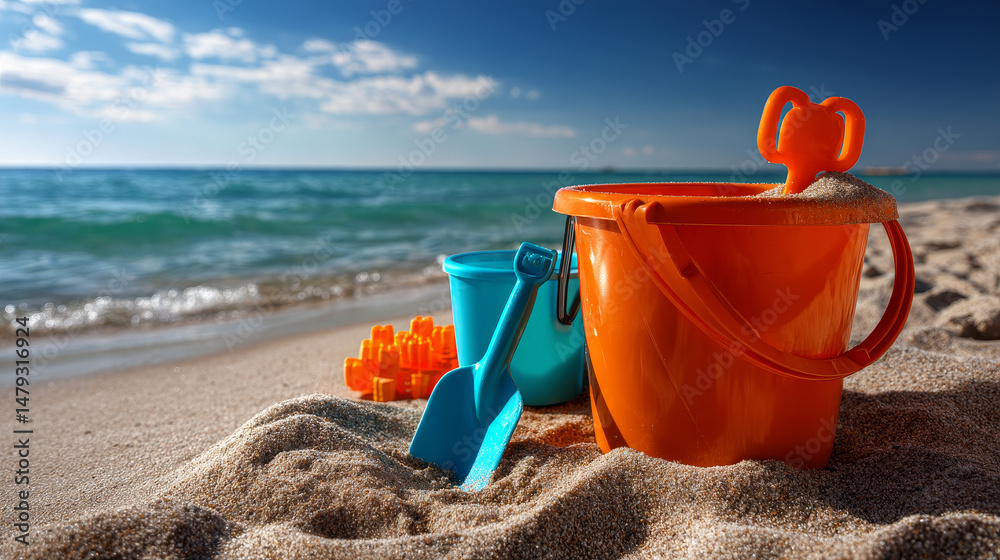 3d realistic vector kids bucket and spade for sand play on the sea. 3d realistic vector kids bucket and spade for sand play on the sea.