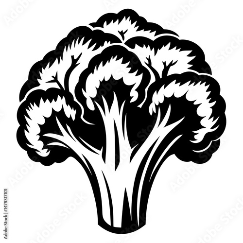 Monochrome graphic illustration of a broccoli floret with healthy benefits