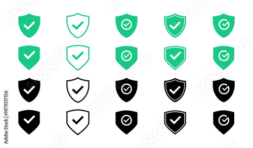 Shield with check mark icon set. Security, protection, approve, checkmark, tick, accept, green collection - stock vector.