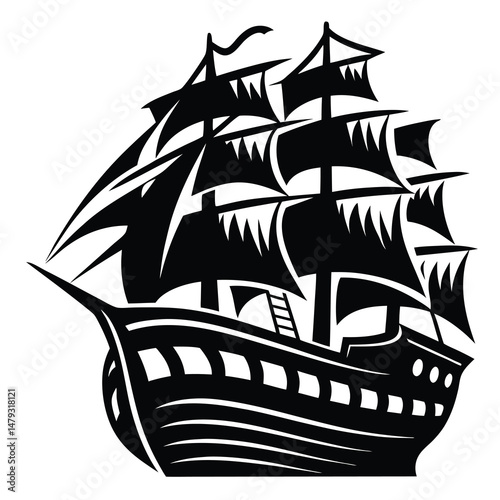 Black and white vector illustration of a majestic tall ship sailing