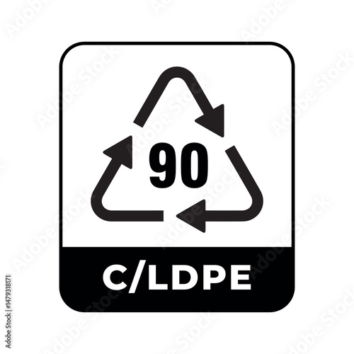 recycling symbol with number 90 and c/ldpe text, black arrows in triangle shape, white background