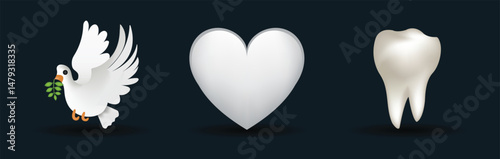 3 emoticons isolated on white background. White color heart, dove, tooth vector emoji illustration. 3d illustration set.