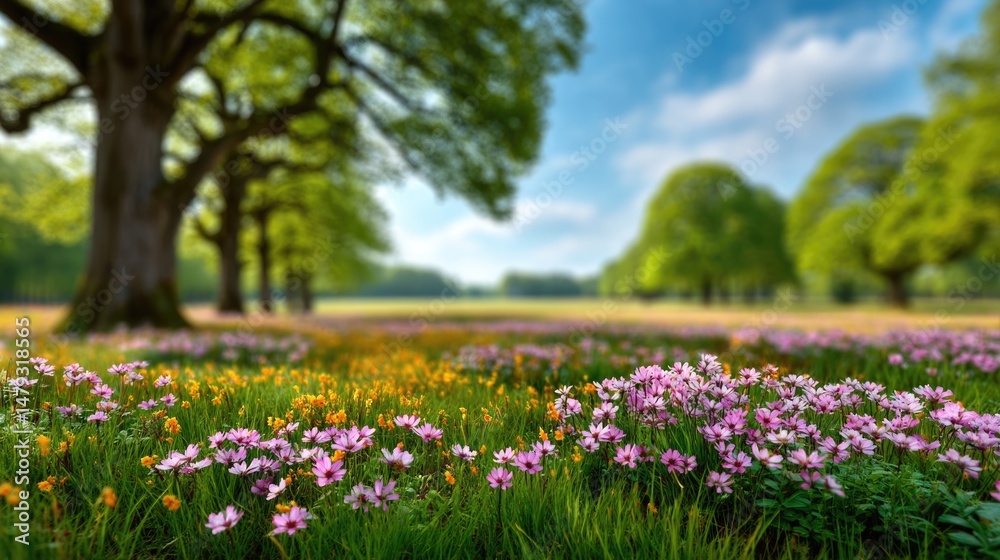 A blurred background of spring nature with a blooming glade, where fields of colorful flowers stretch across the meadow A blurred background of spring nature with a blooming glade, where fields of colorful flowers stretch across the meadow