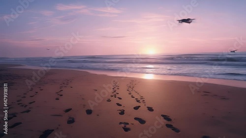 Tranquil sunset at the beach with footprints in the sand, gentle waves lapping, and seagulls soaring in the pink sky