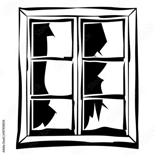 Monochrome illustration of a broken window with six panes and thick frame