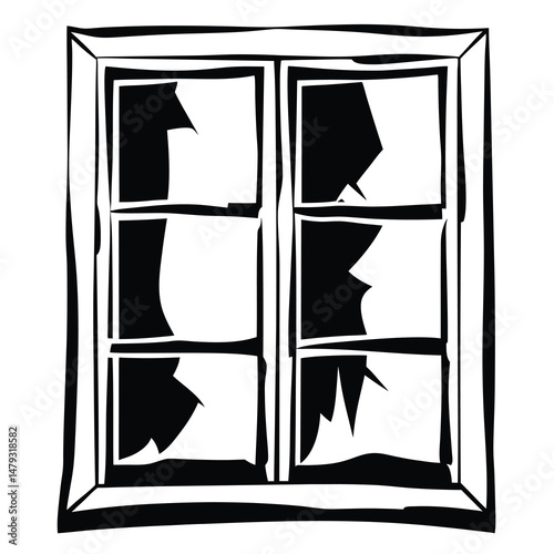 A cartoon illustration of a broken window with six panes, black and white