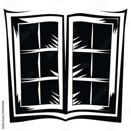 Cartoon spooky black and white window with shattered glass illustration element