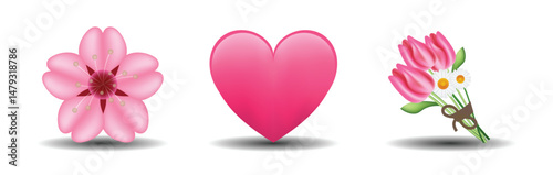 3 emoticons isolated on white background. Pink color heart, Sakura, bouquet vector emoji illustration. 3d illustration set.