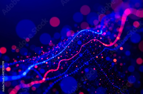 Abstract neon wave pattern background with bright lighting effects. Dark blue purple pink abstract background.
